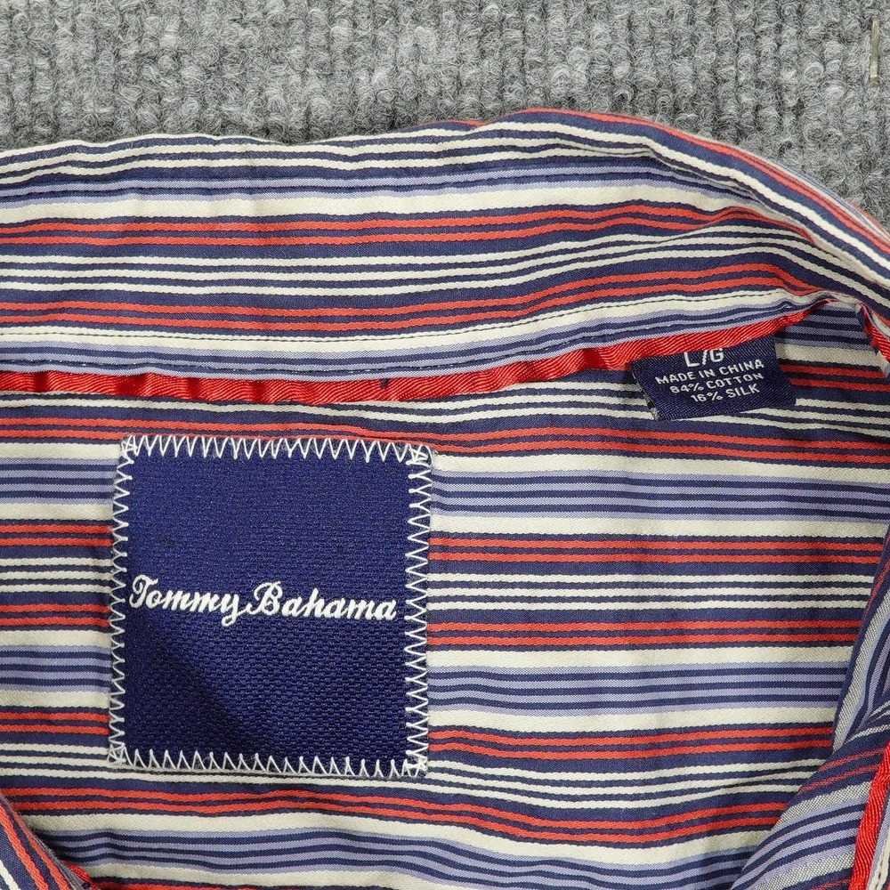 Tommy Bahama Shirt Mens Large Red White Blue Stripe Cotton Silk Long Sleeve - Picture 4 of 9